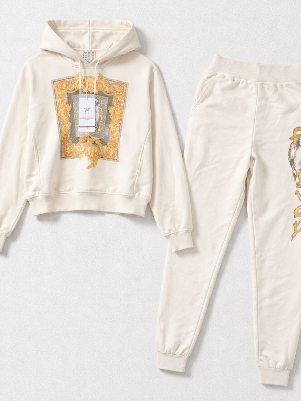 Ivory Graphic Hoodie & Jogger Set with Gold Baroque Print